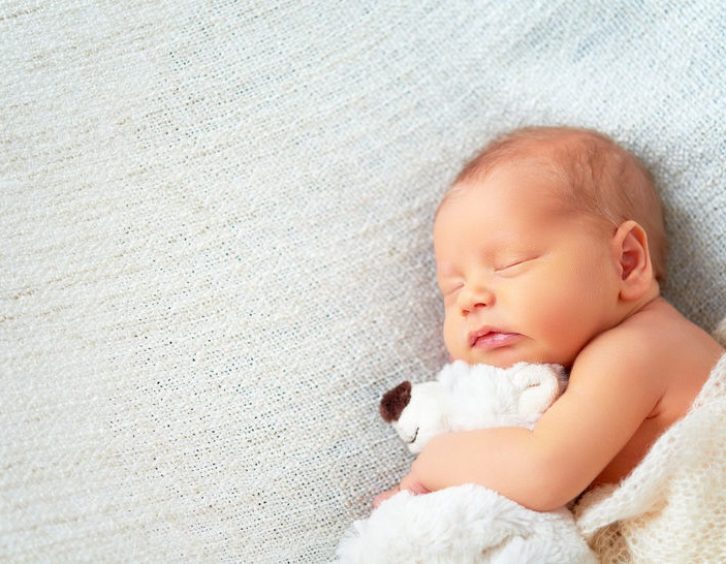 51236159 - cute newborn baby sleeps with a toy teddy bear white